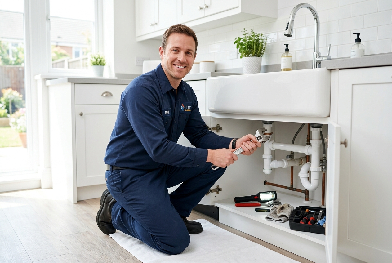 Qualified Your Plumbing Business plumber repairing pipes under a kitchen sink